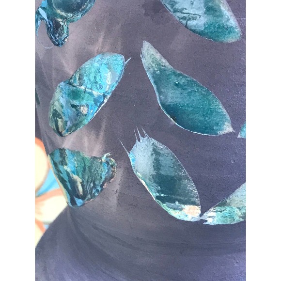 Raku Pottery Vase with Green Leaves on dark charcoal gray - Picture 8 of 8